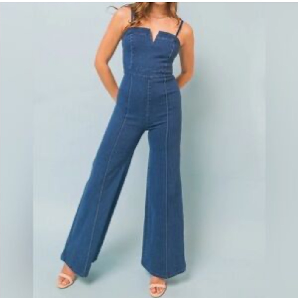Denim Wide-Leg Strap Jumpsuit - Blue
